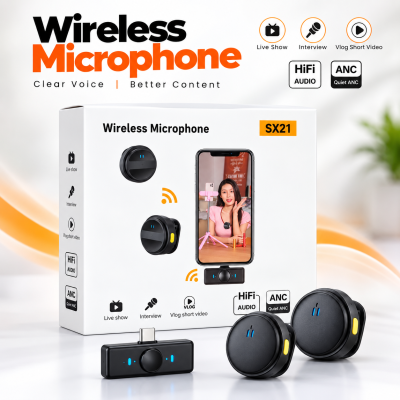 SX21-New 2-in-1 Wireless Lavalier Microphone – Dual Mic Setup for Crystal Clear Mobile Recording